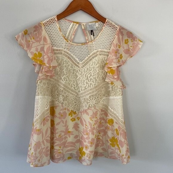 Anthropologie HD In Paris Floras Flutter Short Sleeve Top Floral Lace Key Hole - Picture 4 of 14